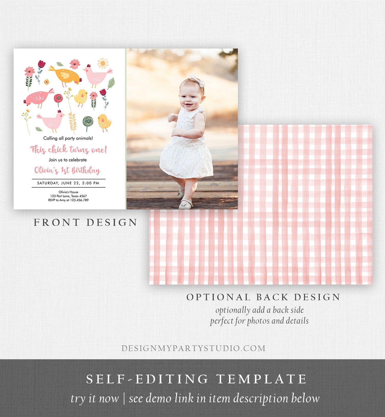 Editable Little Chick Birthday Invitation Girl Spring Birthday Party Farm Barnyard Chicken Easter Digital Download Template Printable 0446