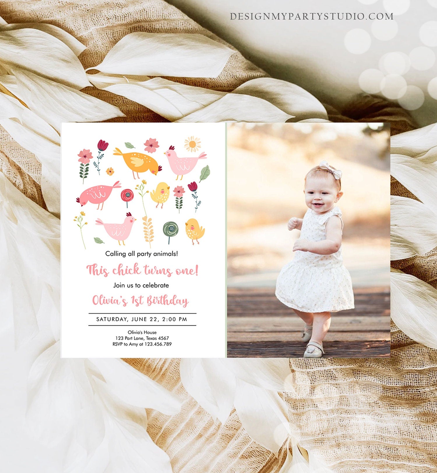 Editable Little Chick Birthday Invitation Girl Spring Birthday Party Farm Barnyard Chicken Easter Digital Download Template Printable 0446