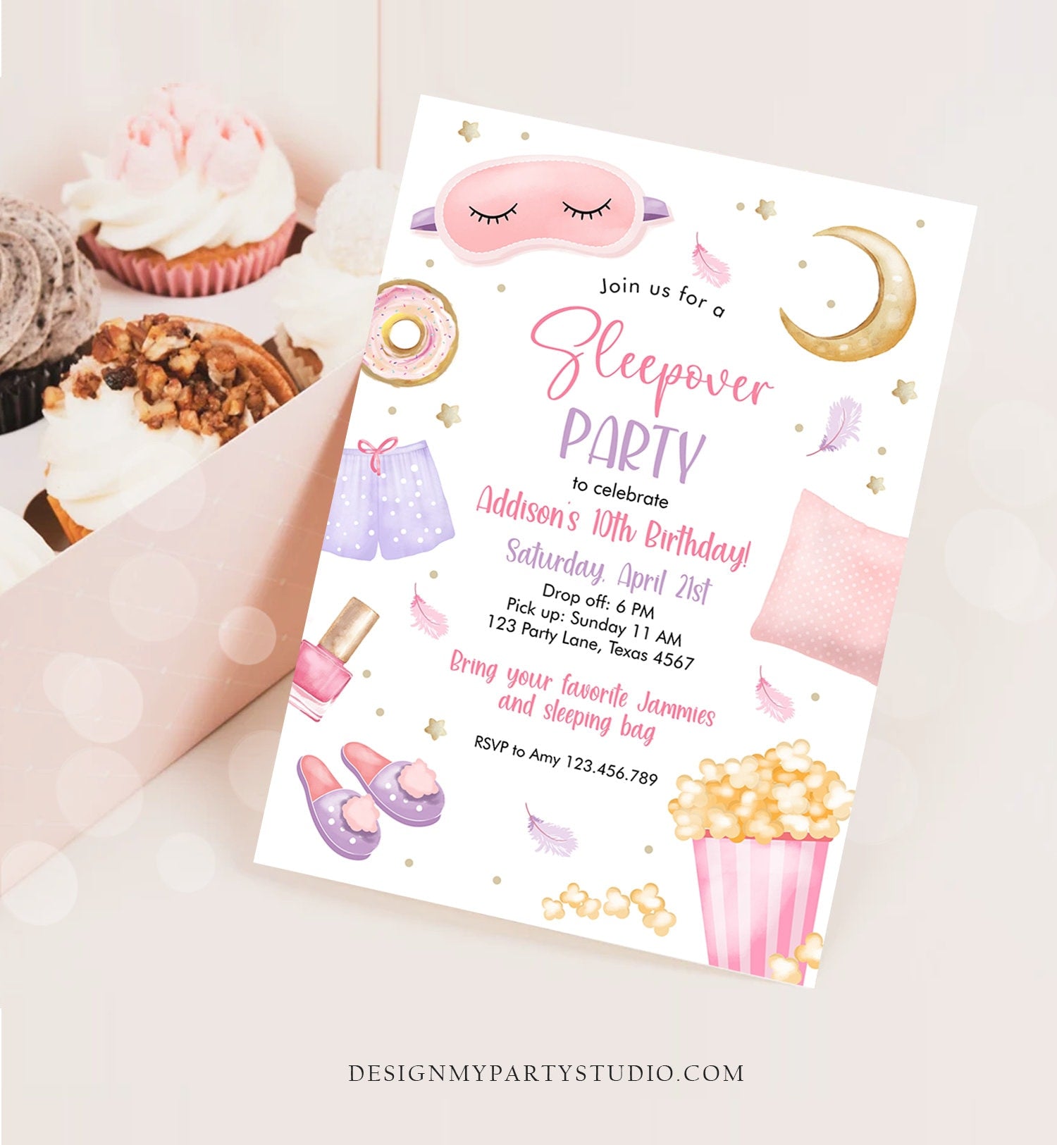 Editable Slumber Party Birthday Invitation Sleepover Birthday Invite Pink Girl Spa Tween Teen Digital Download Printable Template Corjl 0447