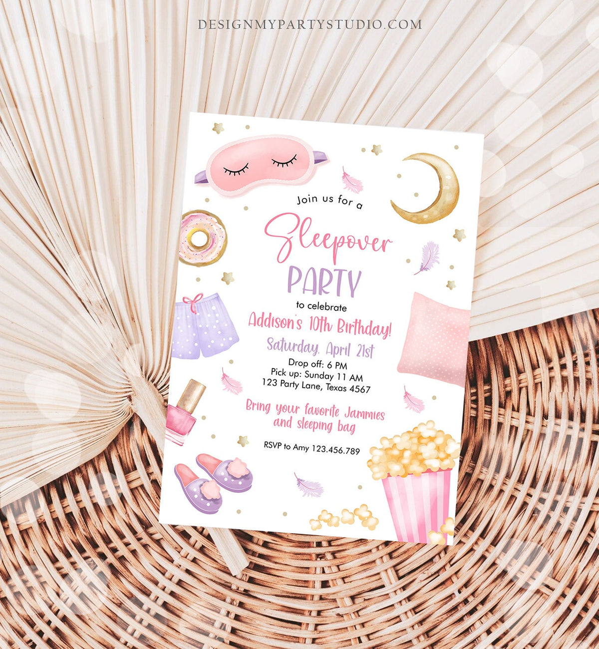 Editable Slumber Party Birthday Invitation Sleepover Birthday Invite Pink Girl Spa Tween Teen Digital Download Printable Template Corjl 0447