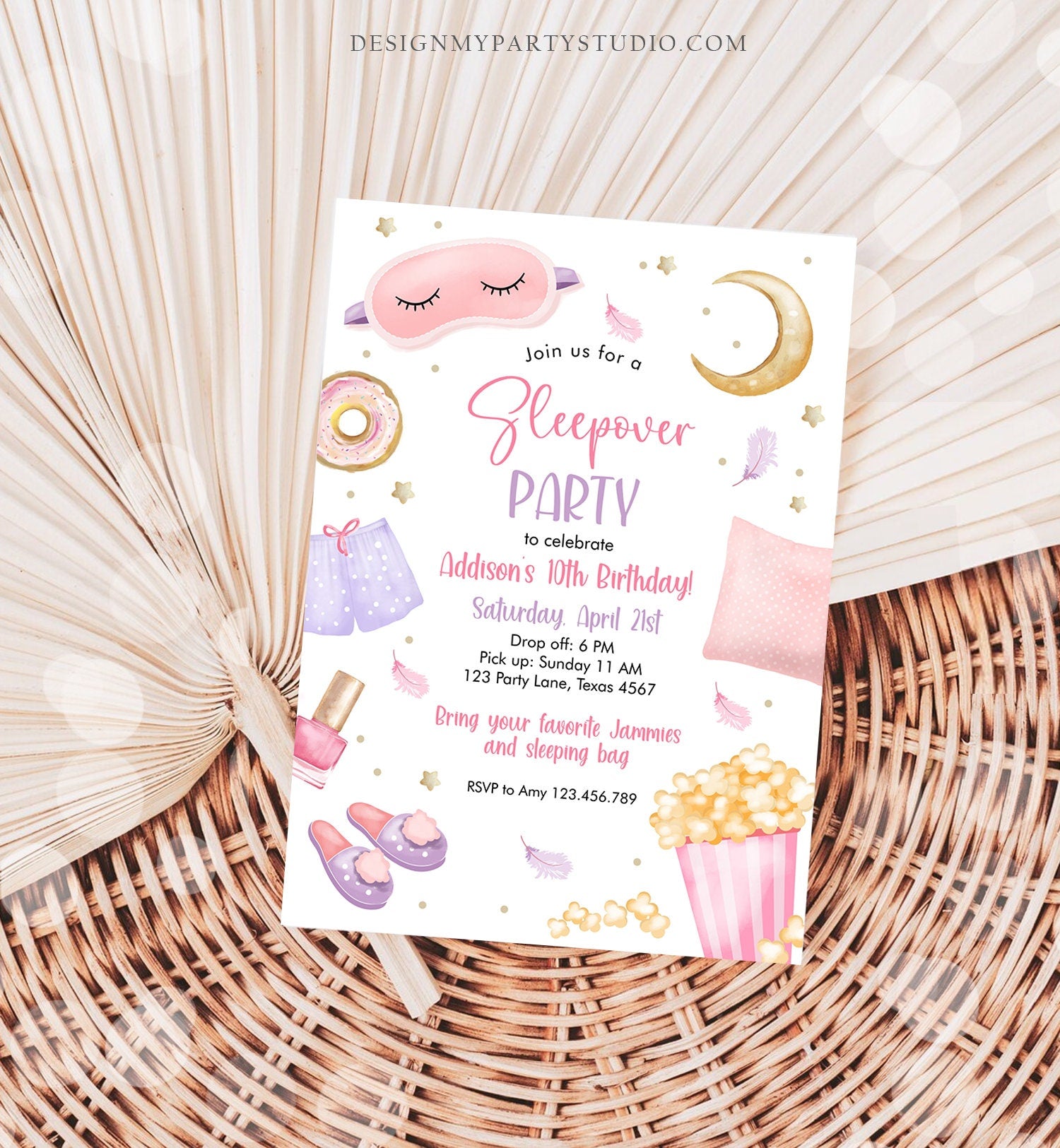 Editable Slumber Party Birthday Invitation Sleepover Birthday Invite Pink Girl Spa Tween Teen Digital Download Printable Template Corjl 0447