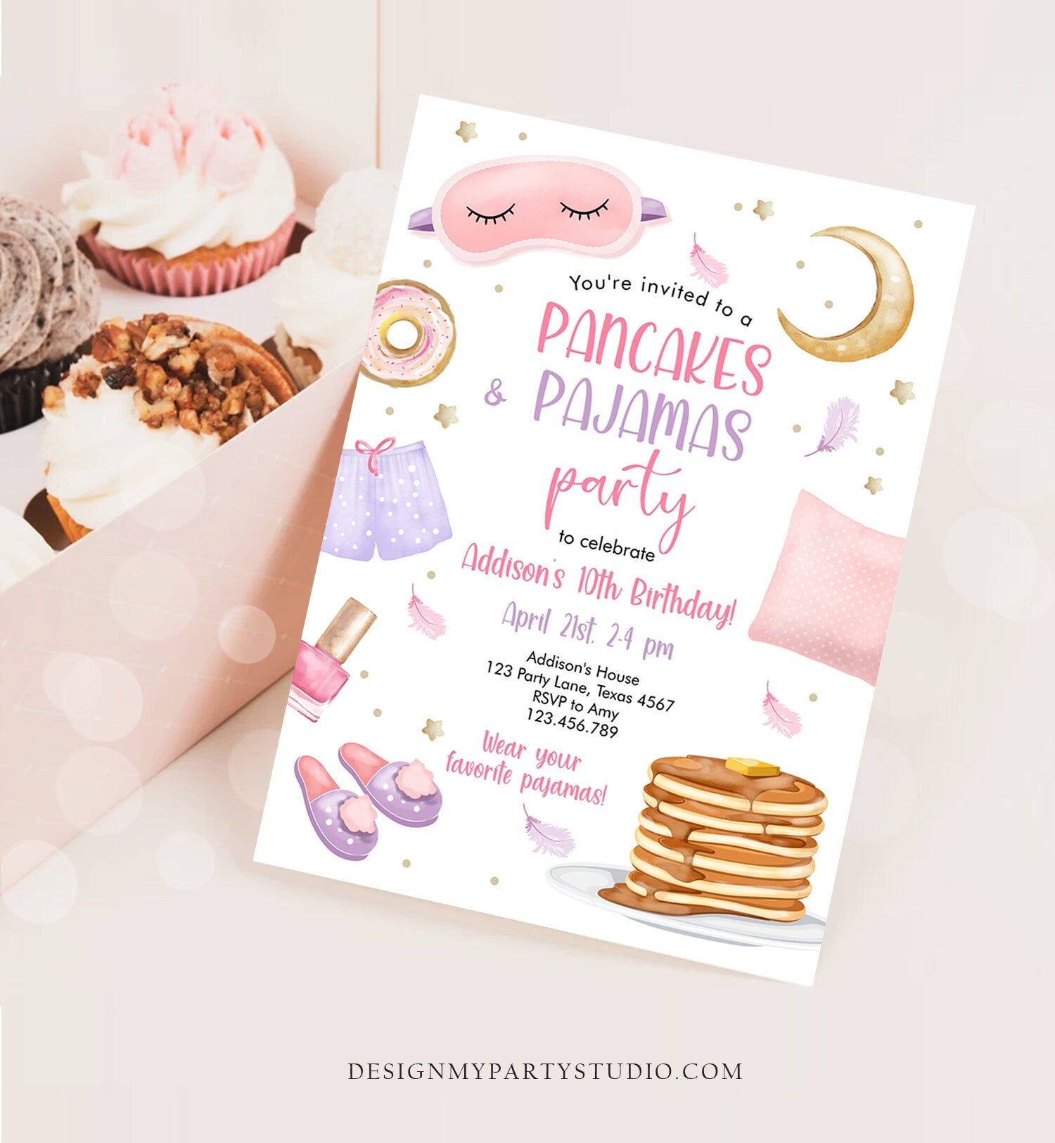 Editable Pancakes and Pajamas Birthday Invitation Movie Night Party Girl Pink Teen Tween Slumber Party Digital Corjl Template Printable 0447