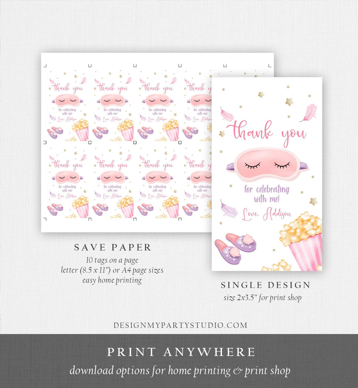 Editable Slumber Party Thank You Tag Sleepover Favor Tags Pink Girl Movie Night Mask Favor Tags Pajamas Labels Template Printable Corjl 0447