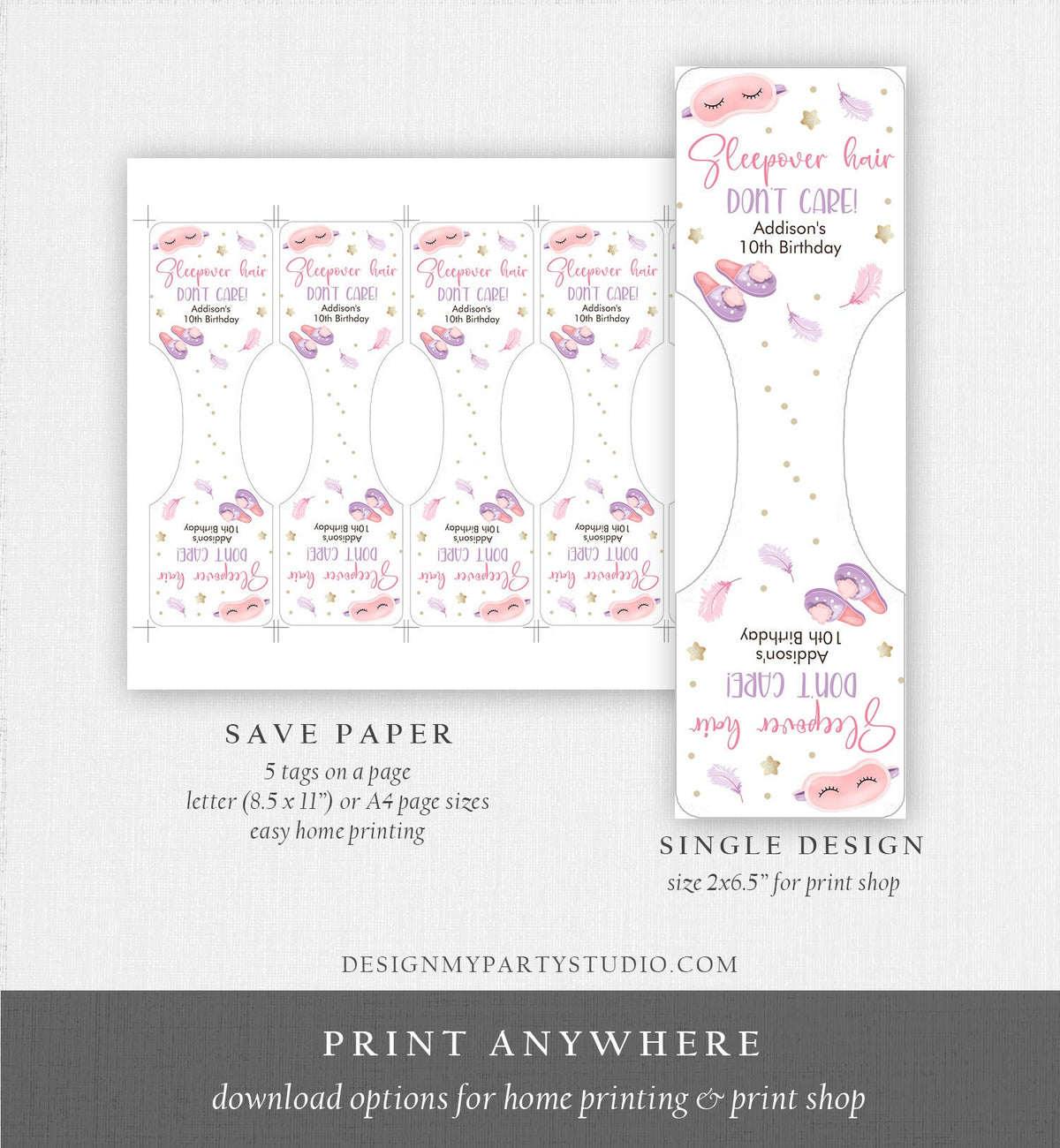 Editable Sleepover Favors Birthday Slumber Party Favors Hair band Pajama Party Sleepover Hair Don&#39;t Care Template Printable Corjl 0447