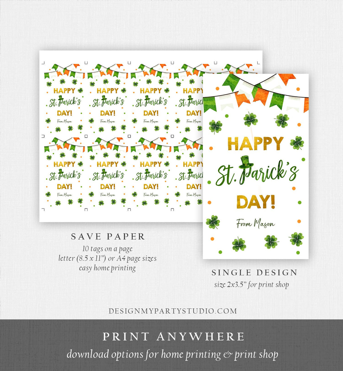 Editable Happy St Patrick&#39;s Day Thank You Favor Tag Lucky One Horseshoe Girl Pink Gold Clover Teacher Appreciation Corjl Template 0451 0379