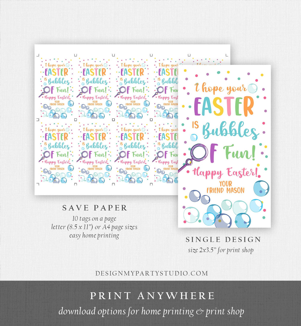 Editable Easter Bubbles Tag Easter Tags Kids Easter Gift Tag Classroom Kids Class Treat Bubbles of Fun Happy Easter Digital PRINTABLE 0449