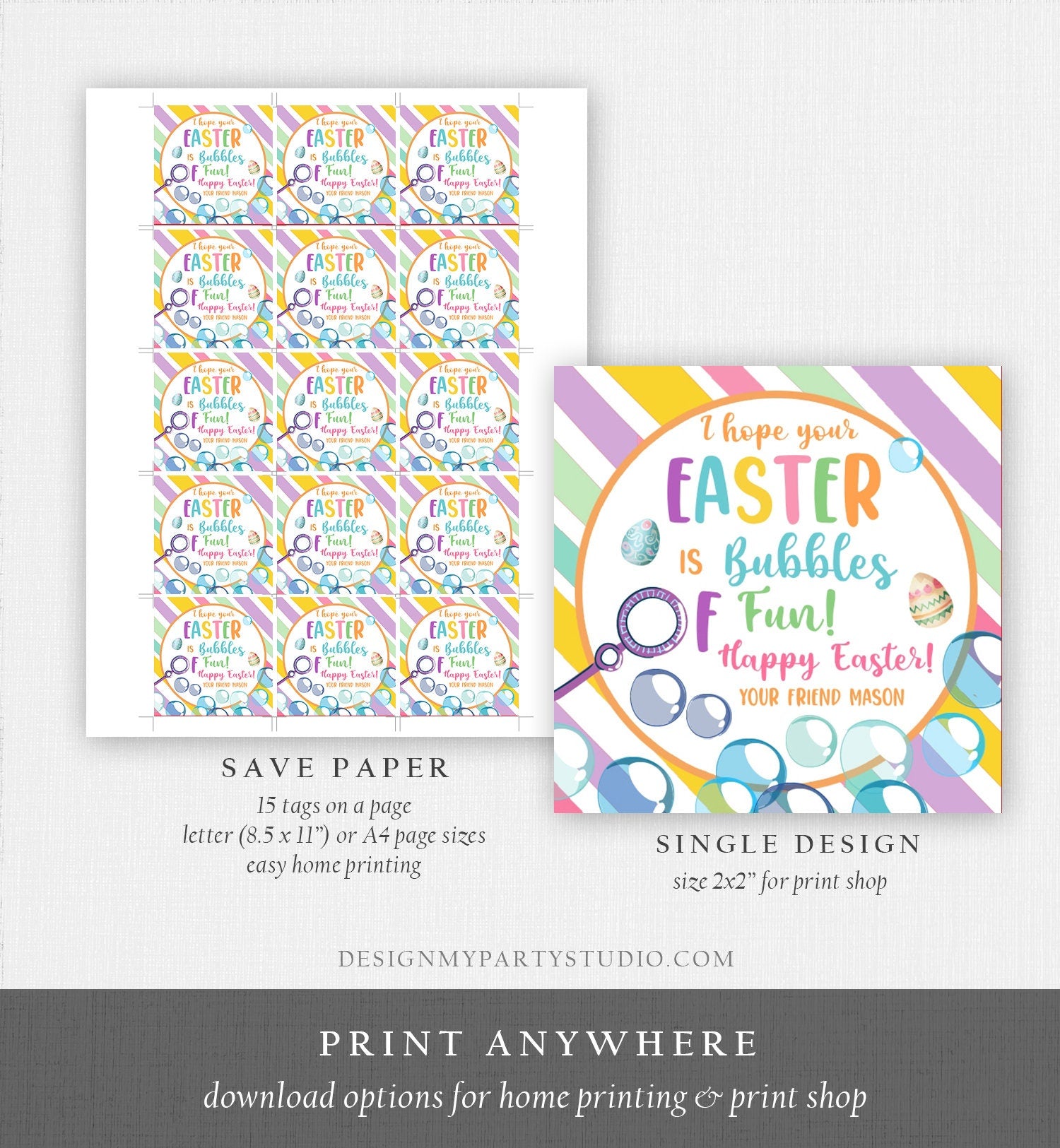 Editable Easter Bubbles Tag Easter Tags Kids Easter Gift Tag Classroom Kids Class Treat Bubbles of Fun Happy Easter Digital PRINTABLE 0449