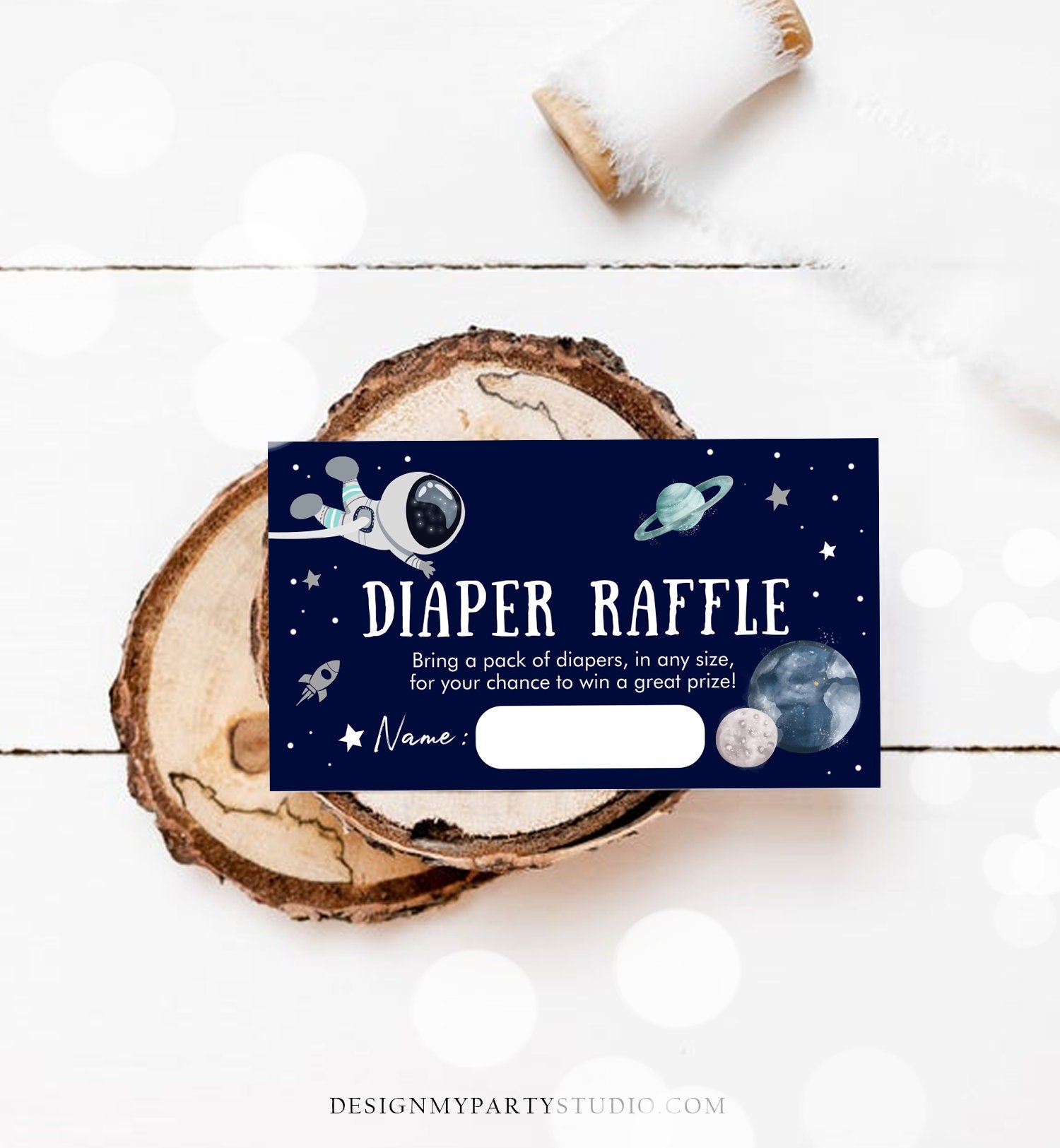 Editable Outer Space Astronaut Diaper Raffle Ticket Baby Shower Blue Navy Planets Galaxy Registry Card Game Corjl Template PRINTABLE 0366