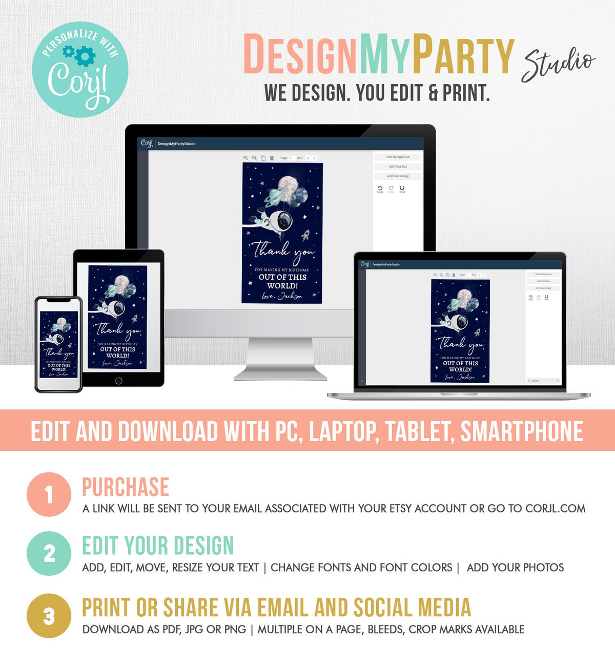 Editable Outer Space Planets Favor Tag Astronaut Birthday Thank You Label Galaxy Gift Trip Blue Navy Download Corjl Template PRINTABLE 0366