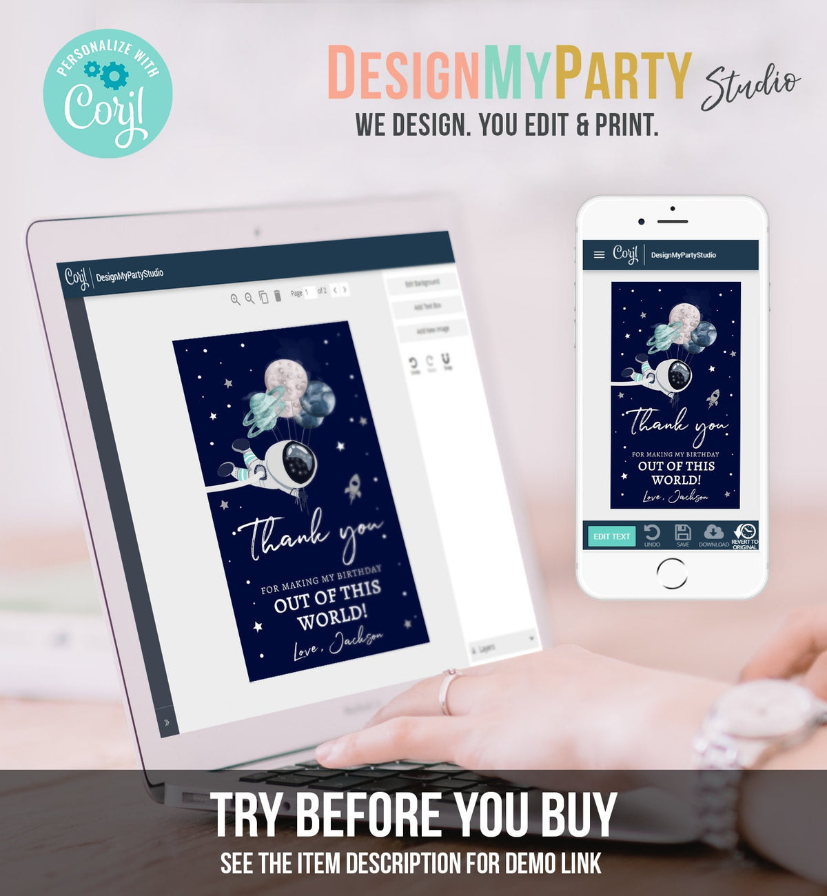 Editable Outer Space Planets Favor Tag Astronaut Birthday Thank You Label Galaxy Gift Trip Blue Navy Download Corjl Template PRINTABLE 0366