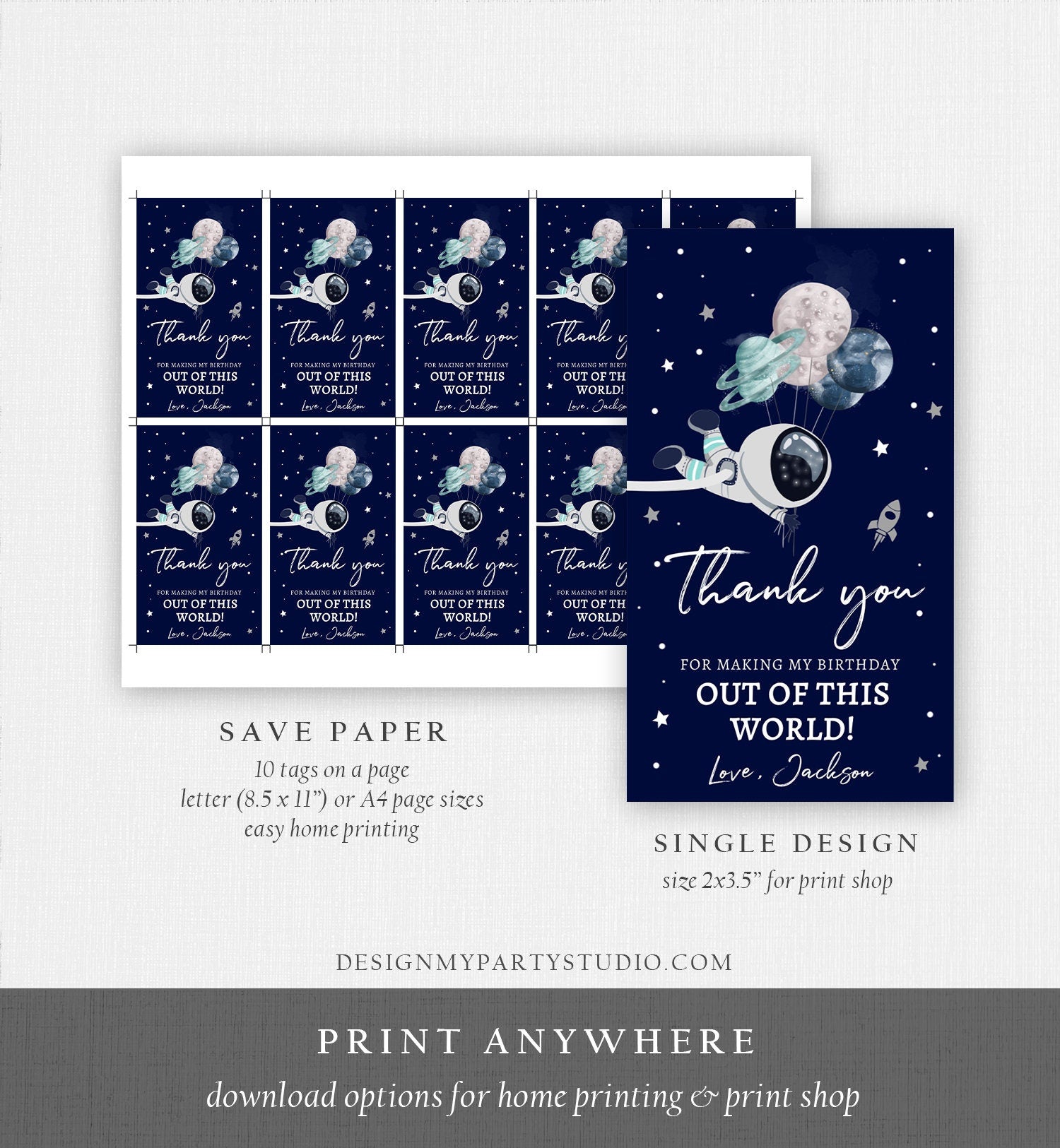 Editable Outer Space Planets Favor Tag Astronaut Birthday Thank You Label Galaxy Gift Trip Blue Navy Download Corjl Template PRINTABLE 0366