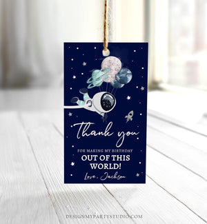 Editable Outer Space Planets Favor Tag Astronaut Birthday Thank You Label Galaxy Gift Trip Blue Navy Download Corjl Template PRINTABLE 0366