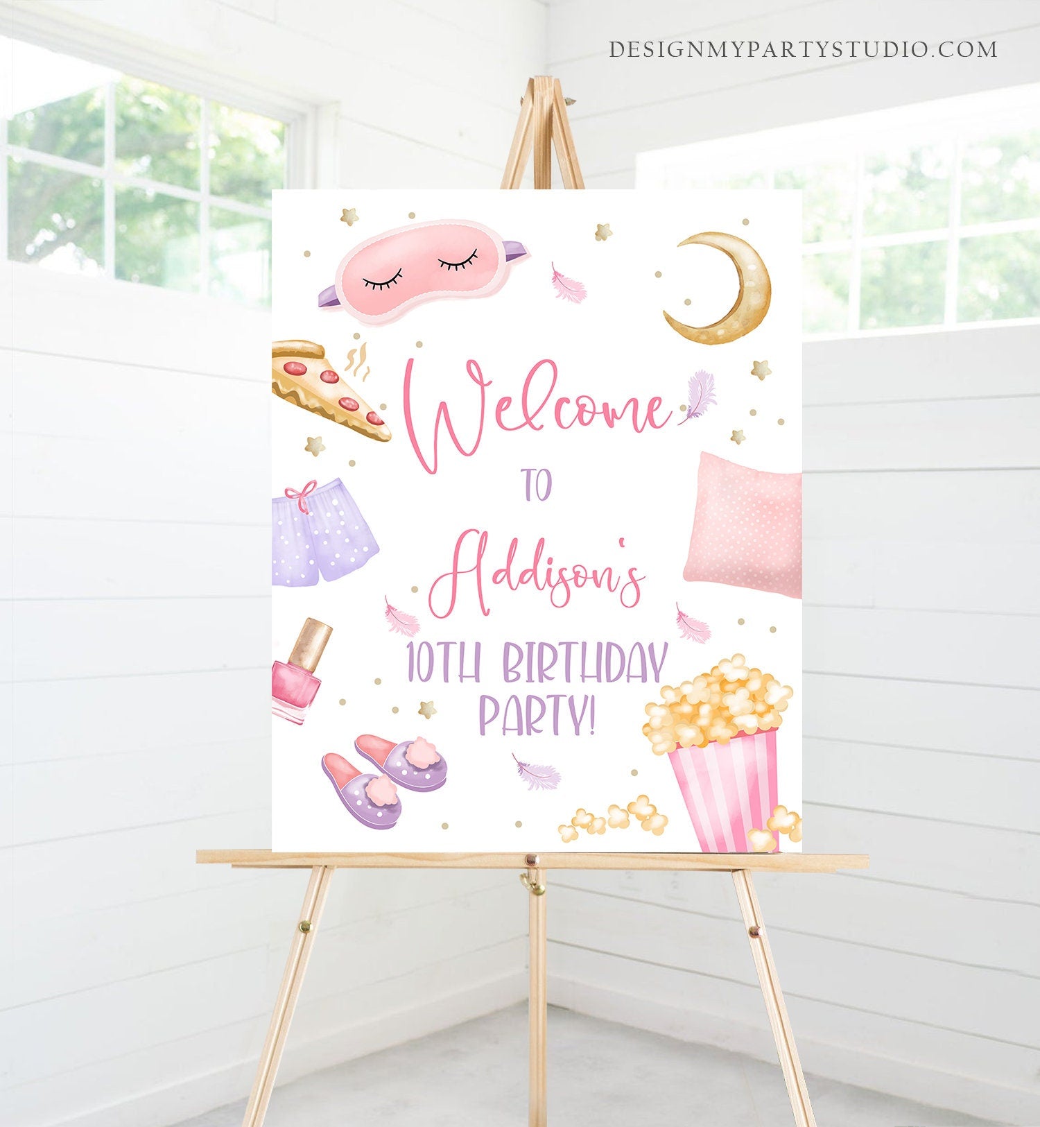 Editable Sleepover Birthday Welcome Sign Slumber Party Poster Pajamas Movie Night Pizza Popcorn Digital Download Template Printable 0447