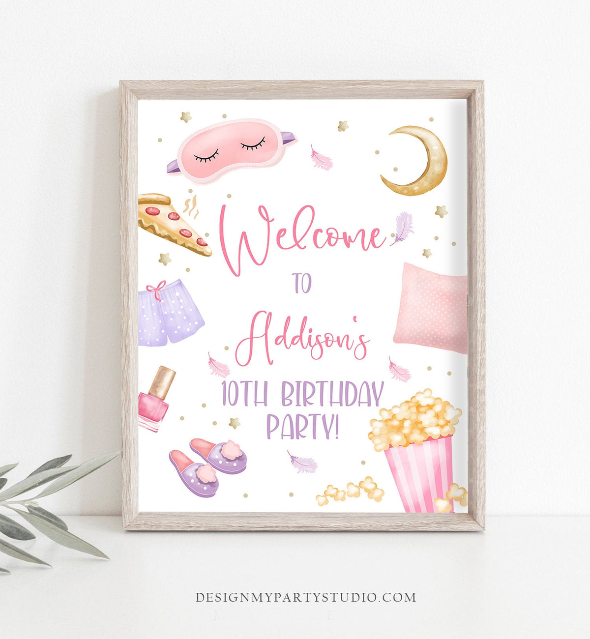 Editable Sleepover Birthday Welcome Sign Slumber Party Poster Pajamas Movie Night Pizza Popcorn Digital Download Template Printable 0447