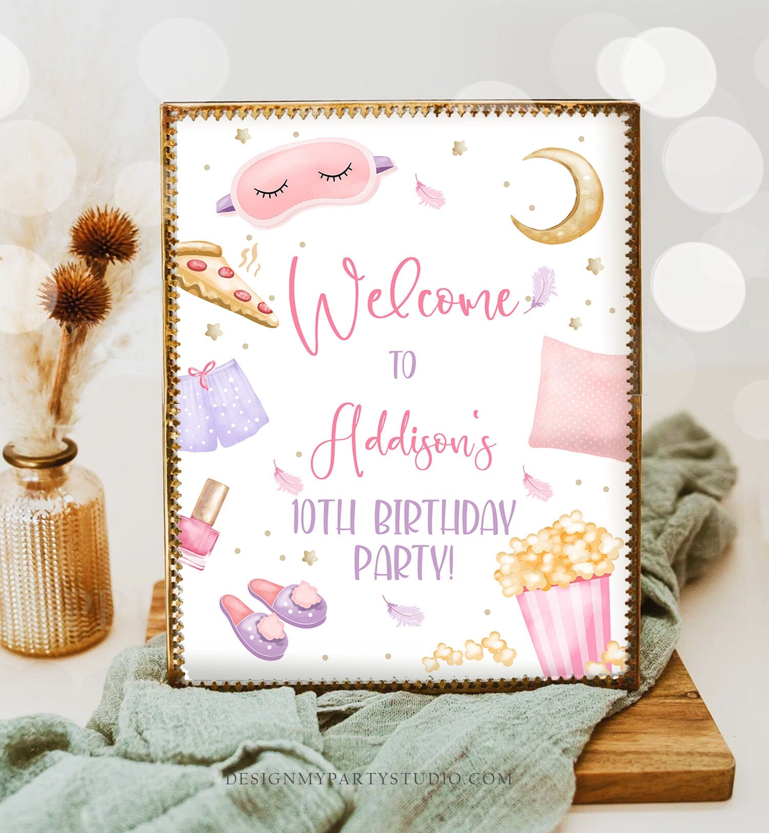 Editable Sleepover Birthday Welcome Sign Slumber Party Poster Pajamas Movie Night Pizza Popcorn Digital Download Template Printable 0447