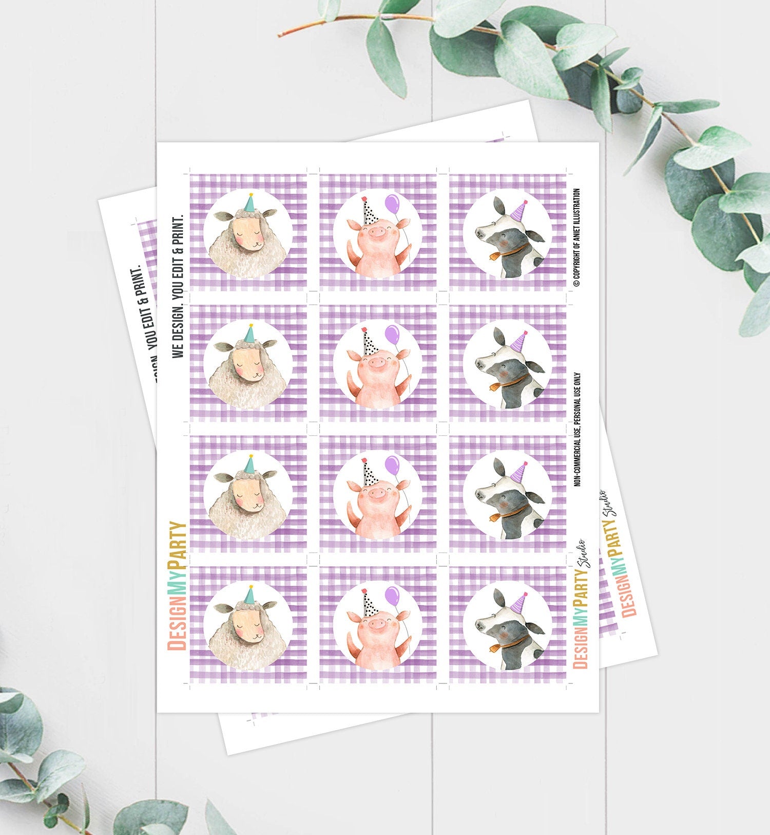Farm Animals Cupcake Toppers Barnyard Farm Birthday Party Decoration Girl Party Animals Purple Stickers Digital Download PRINTABLE 0155