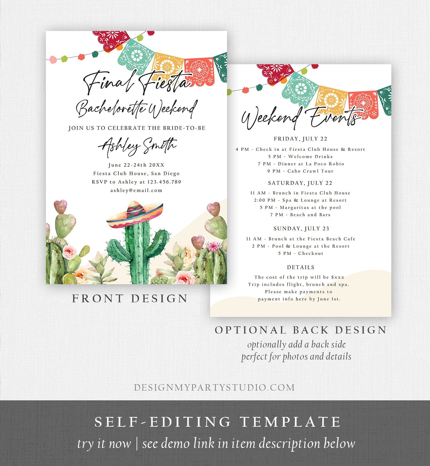 Editable Final Fiesta Bachelorette Weekend Engagement Invitation Bridal Shower Watercolor Cactus Succulent Digital Template Printable 0404