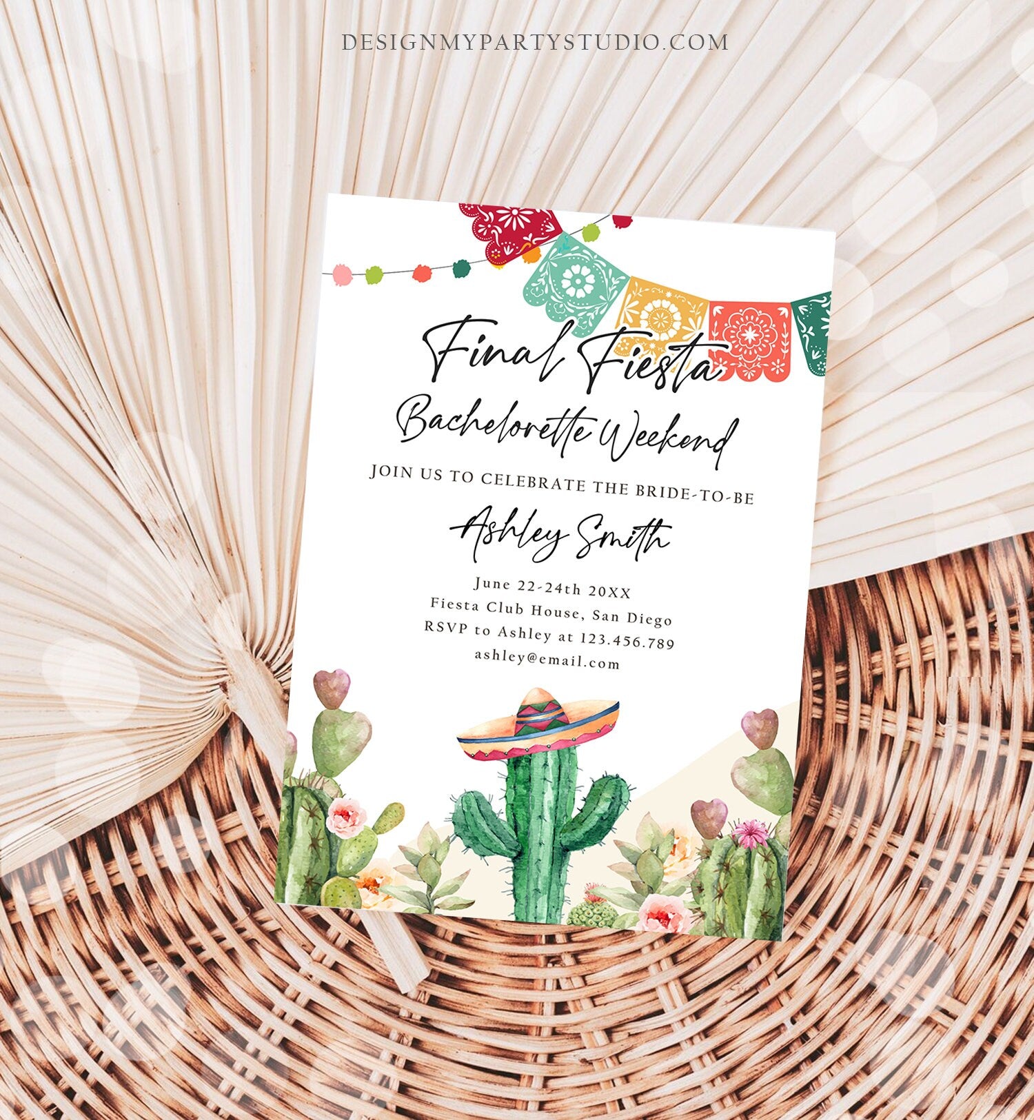 Editable Final Fiesta Bachelorette Weekend Engagement Invitation Bridal Shower Watercolor Cactus Succulent Digital Template Printable 0404