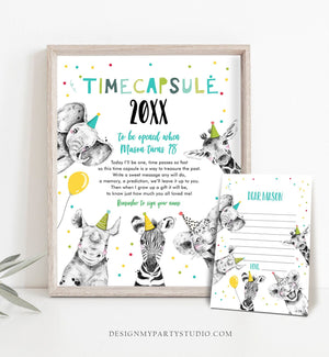 Editable Party Animals Time Capsule Boy Blue First Birthday Wild One First Birthday Party Zoo Safari Animals Jungle Corjl Template 0390
