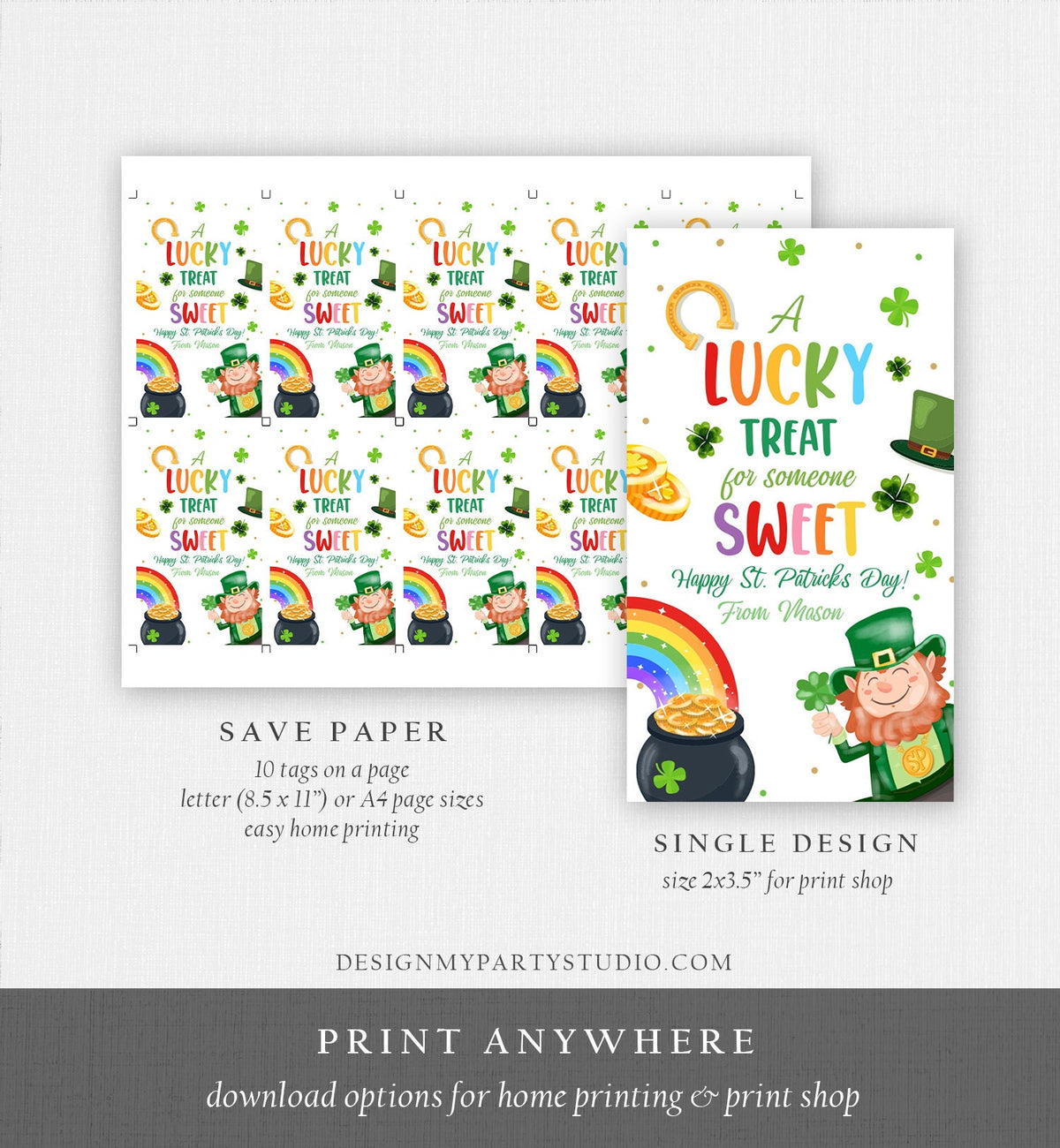 Editable St. Patrick&#39;s Day Tag Lucky Treat for Someone Sweet Tag Friend School Classroom Gift Classmate Shamrock Teacher Template Corjl 0451