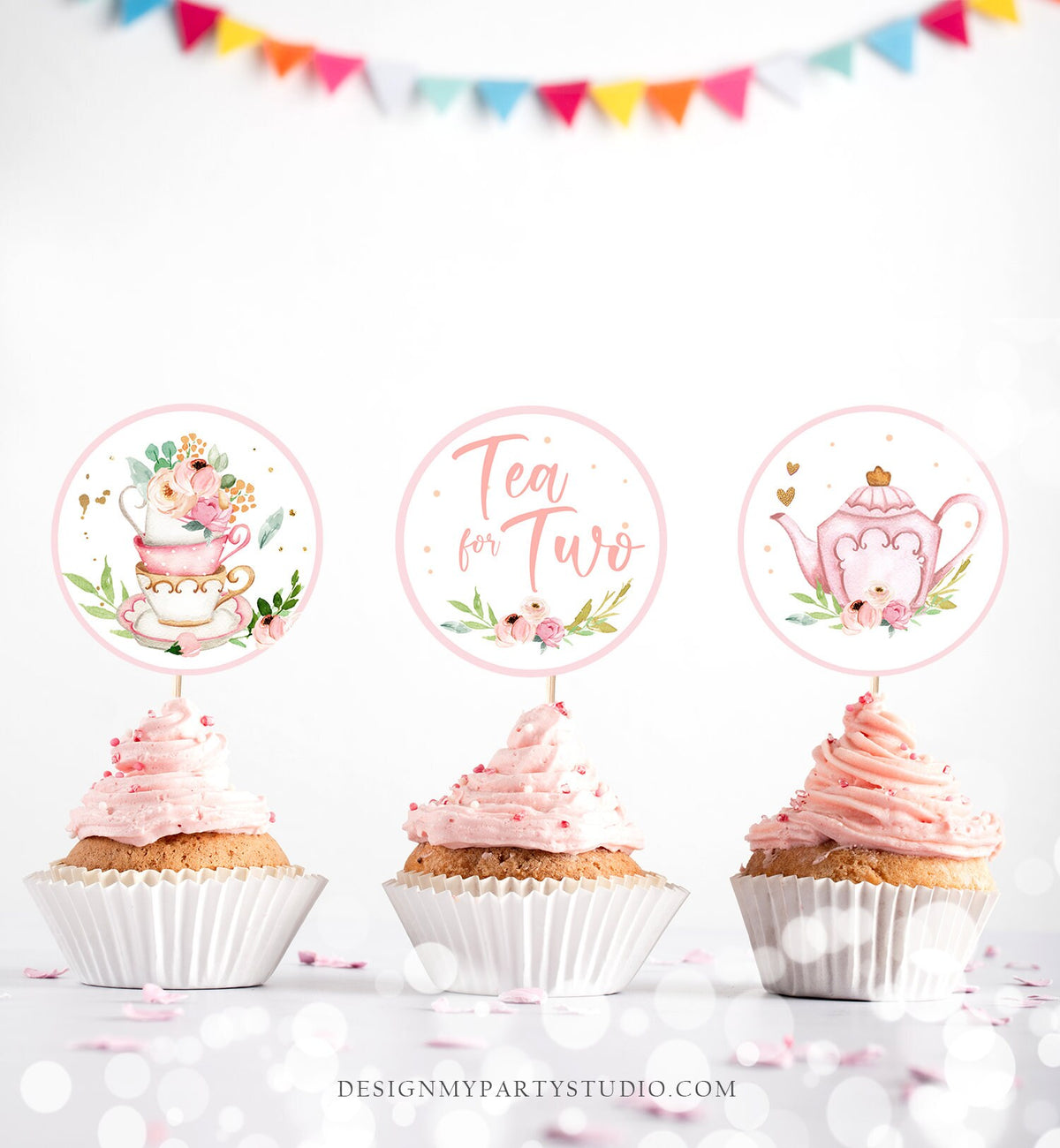 Tea Party Cupcake Toppers Tea Birthday Cupcake Toppers Favor Tag Girl Tea For Two Whimsical Floral Pink Gold Download Digital PRINTABLE 0349