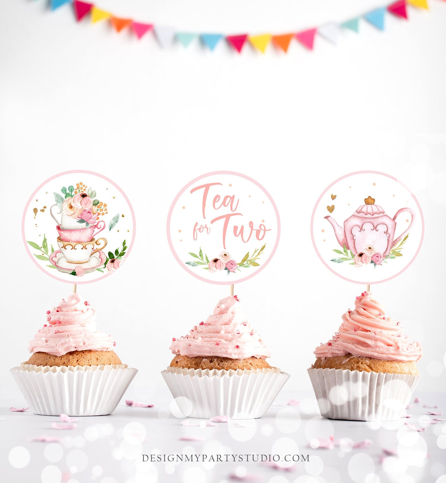 Tea Party Cupcake Toppers Tea Birthday Cupcake Toppers Favor Tag Girl Tea For Two Whimsical Floral Pink Gold Download Digital PRINTABLE 0349