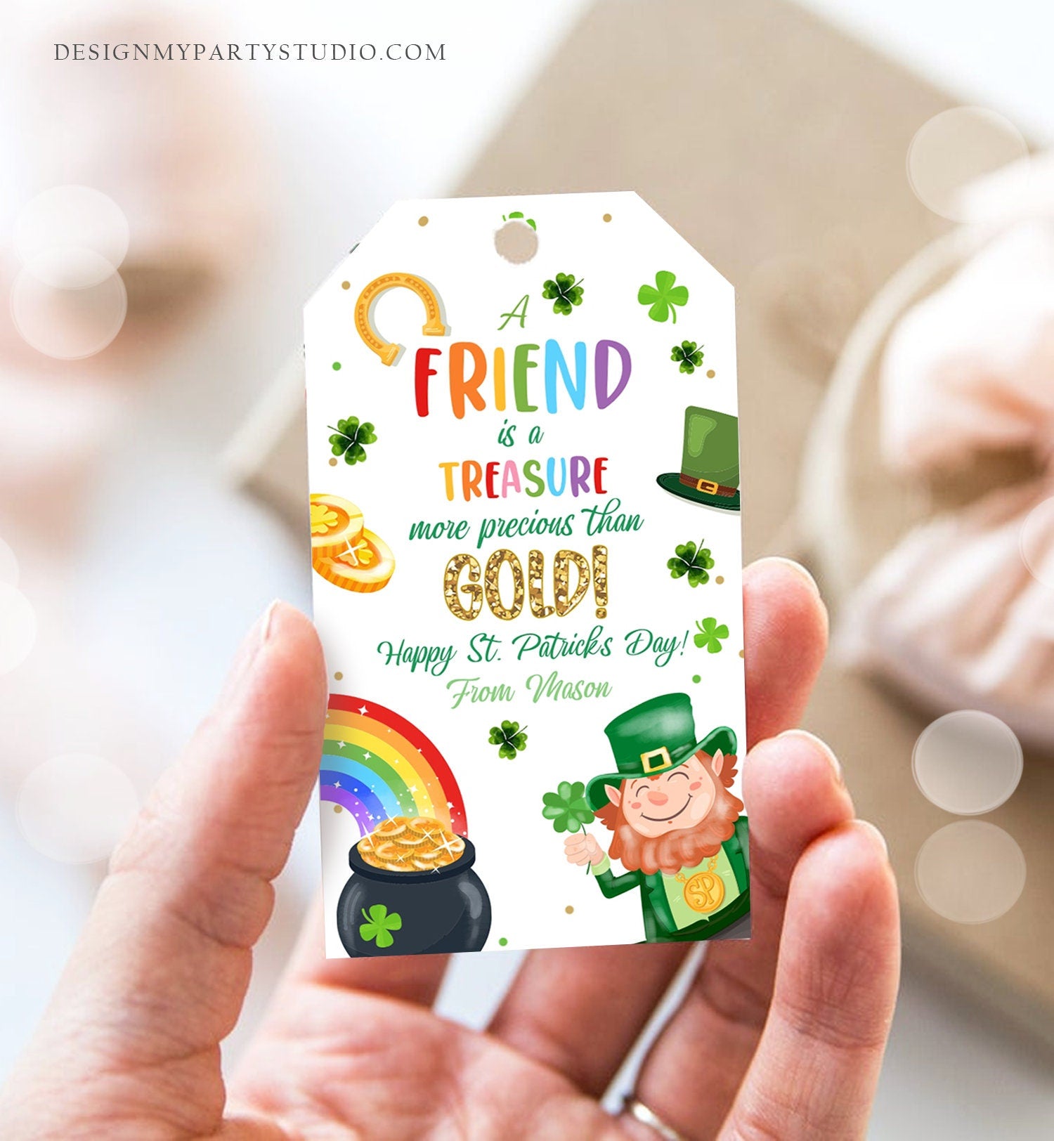 Editable St. Patrick's Day Tag A Friend Is A Treasure More Precious Than Gold School Gift Classmate Buddy Digital Template Printable 0451