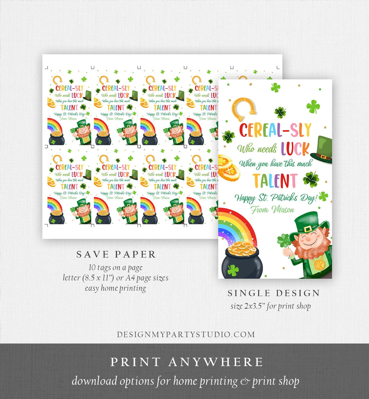 Editable St. Patrick&#39;s Day Tag Cerealsly Lucky Tag Rainbow Favor Tag Coworker Teammate Appreciation Competition Staff Template Corjl 0451