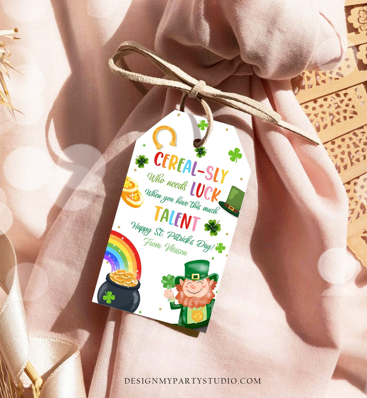 Editable St. Patrick&#39;s Day Tag Cerealsly Lucky Tag Rainbow Favor Tag Coworker Teammate Appreciation Competition Staff Template Corjl 0451