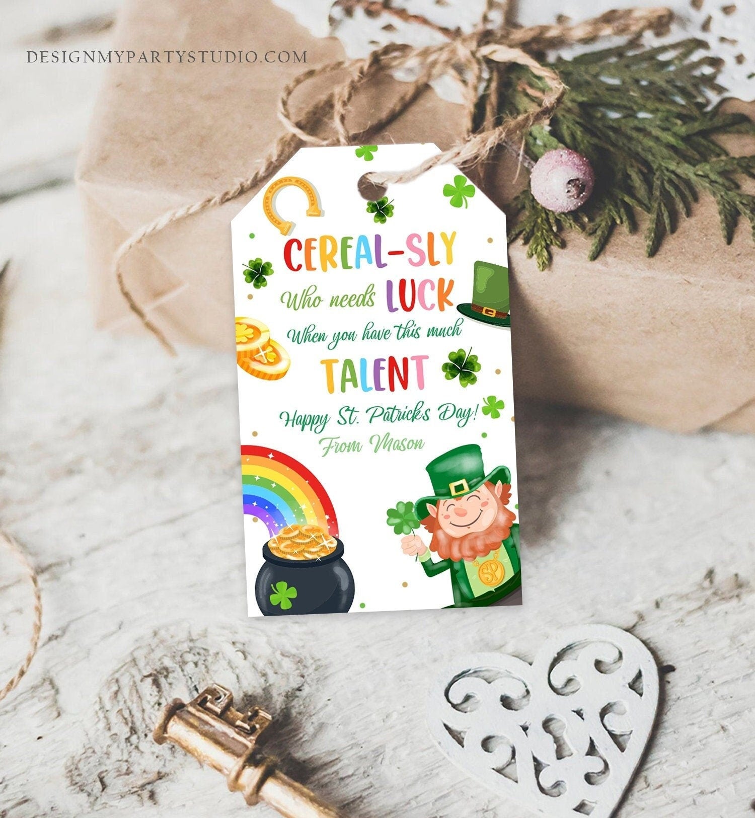 Editable St. Patrick's Day Tag Cerealsly Lucky Tag Rainbow Favor Tag Coworker Teammate Appreciation Competition Staff Template Corjl 0451