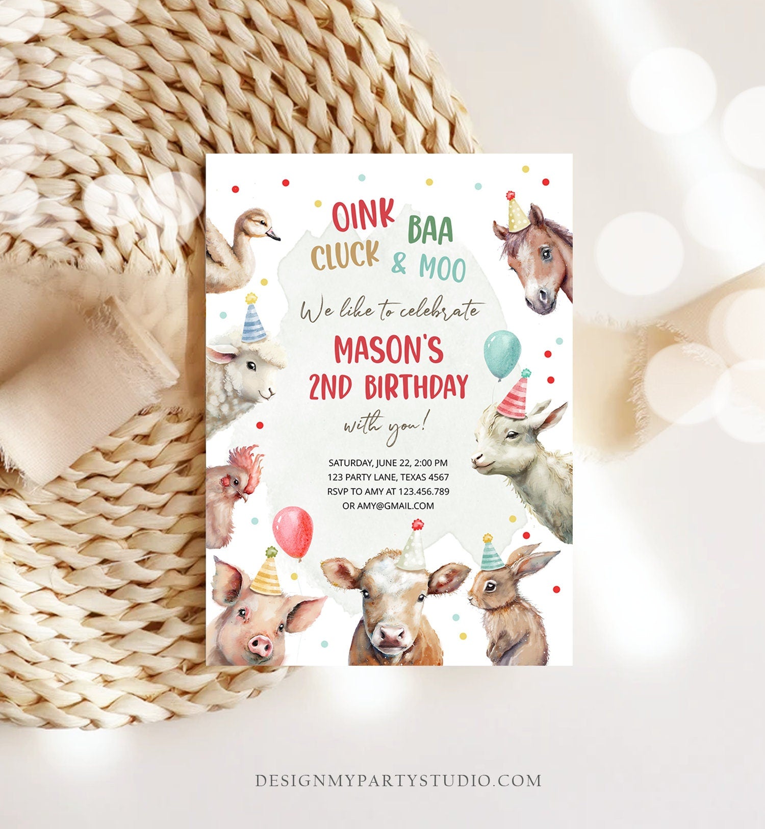 Editable Farm Animals Birthday Invitation Boy Farm Barnyard First Birthday Party Animals Confetti Digital Download Template Printable 0448