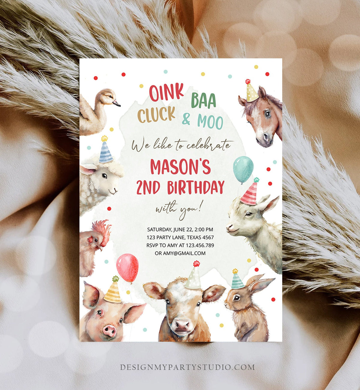 Editable Farm Animals Birthday Invitation Boy Farm Barnyard First Birthday Party Animals Confetti Digital Download Template Printable 0448