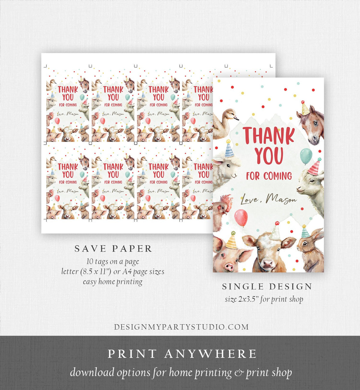Editable Farm Animals Favor Tag Boy Farm Birthday Thank You Gift Tags Barnyard Party Animals Red Digital Download Template Printable 0448