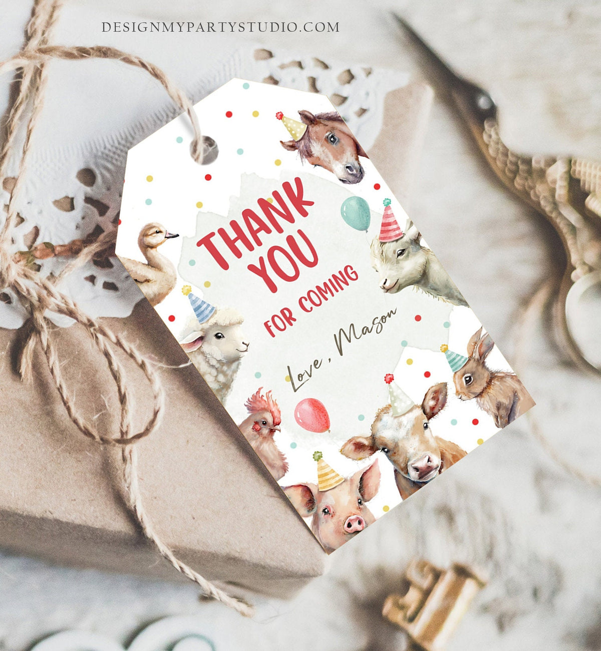 Editable Farm Animals Favor Tag Boy Farm Birthday Thank You Gift Tags Barnyard Party Animals Red Digital Download Template Printable 0448