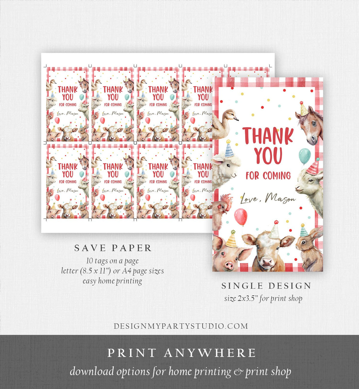 Editable Farm Favor Tags Tags Boy Farm Birthday Thank you tags Barnyard Gift Tags Party Animals Confetti Red Template PRINTABLE Corjl 0448