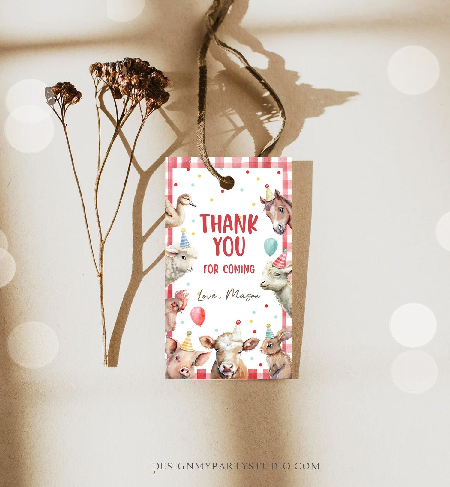 Editable Farm Favor Tags Tags Boy Farm Birthday Thank you tags Barnyard Gift Tags Party Animals Confetti Red Template PRINTABLE Corjl 0448