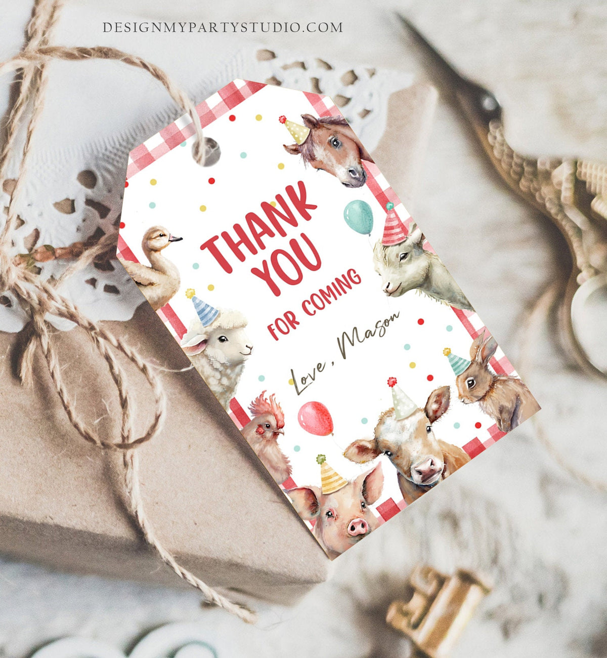 Editable Farm Favor Tags Tags Boy Farm Birthday Thank you tags Barnyard Gift Tags Party Animals Confetti Red Template PRINTABLE Corjl 0448