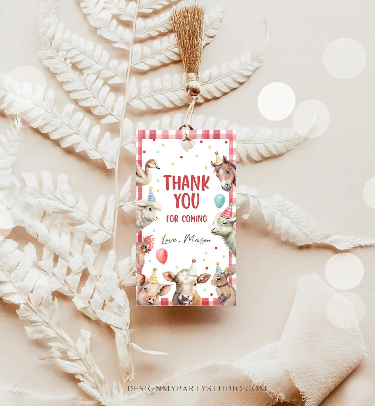 Editable Farm Favor Tags Tags Boy Farm Birthday Thank you tags Barnyard Gift Tags Party Animals Confetti Red Template PRINTABLE Corjl 0448