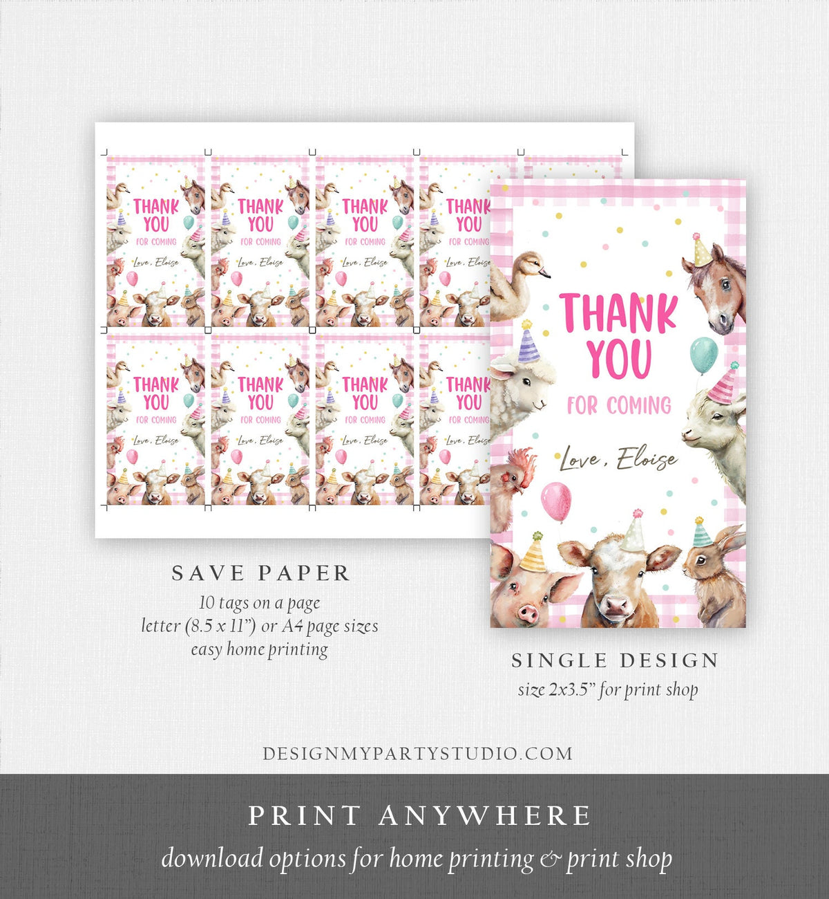 Editable Farm Favor Tags Tags Pink Farm Birthday Thank you tags Barnyard Gift Tags Girl Birthday Party Animals Template PRINTABLE Corjl 0448