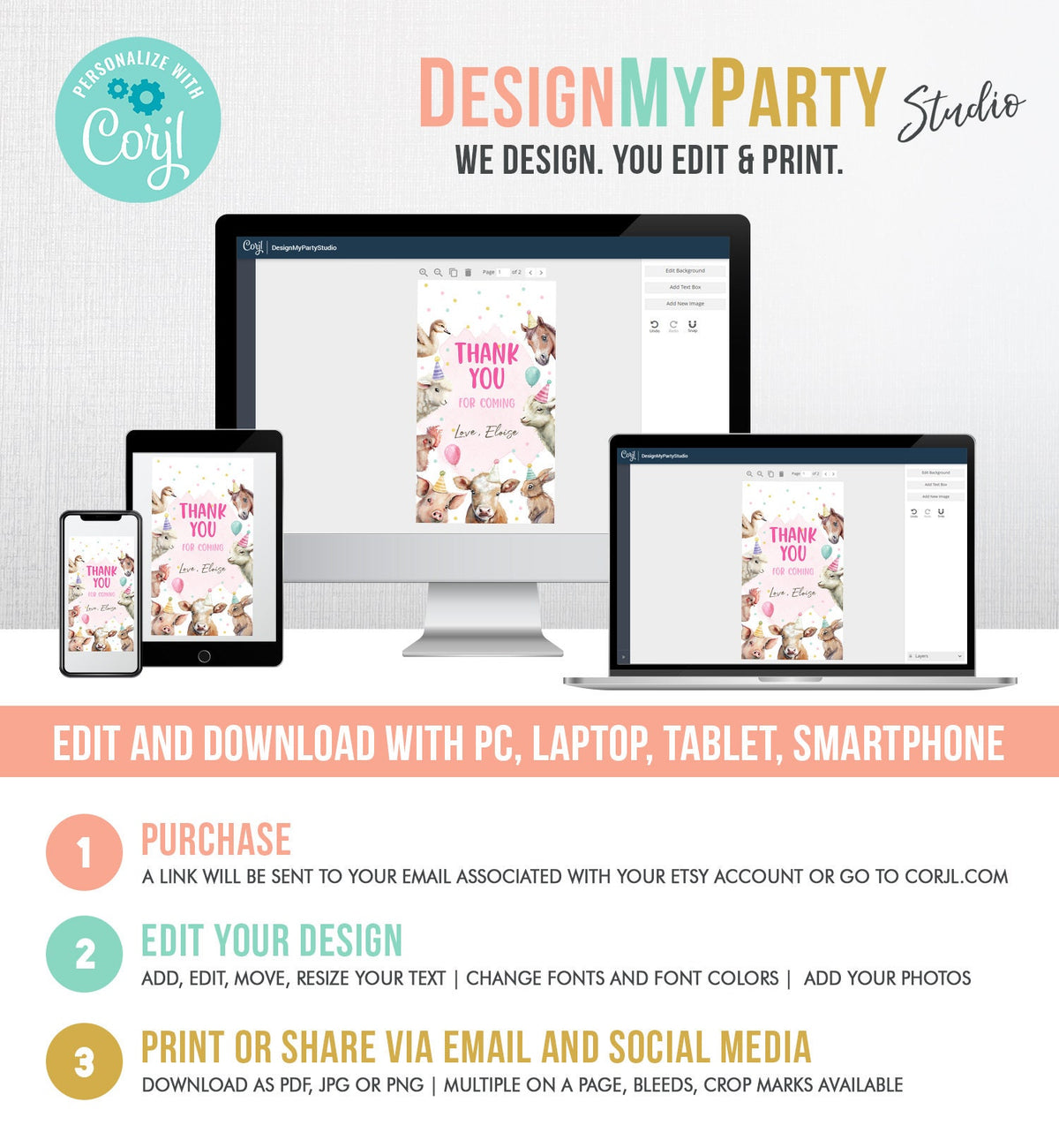 Editable Farm Favor Tags Tags Pink Farm Birthday Thank you tags Barnyard Gift Tags Girl Birthday Party Animals Template PRINTABLE Corjl 0448