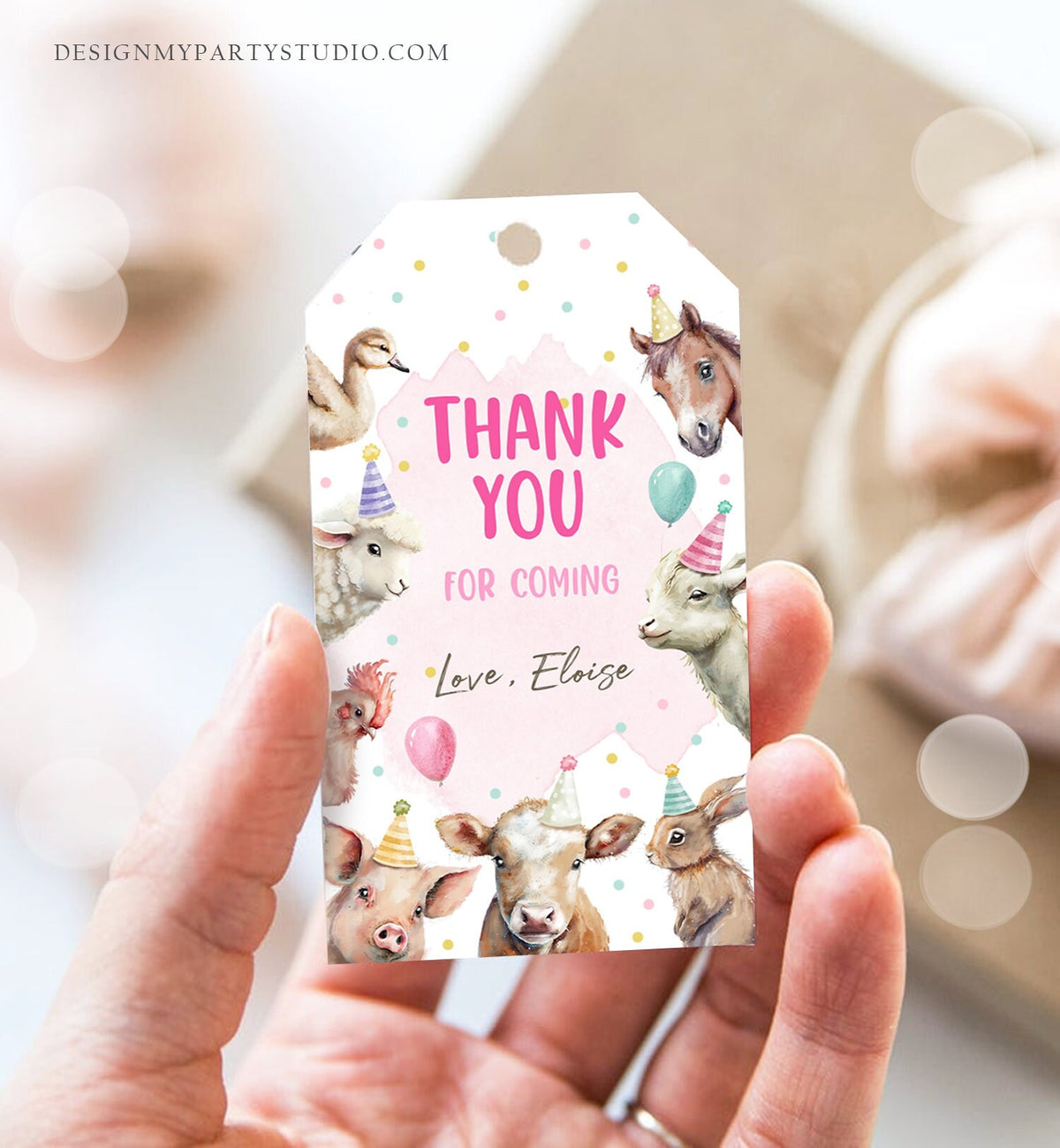 Editable Farm Favor Tags Tags Pink Farm Birthday Thank you tags Barnyard Gift Tags Girl Birthday Party Animals Template PRINTABLE Corjl 0448