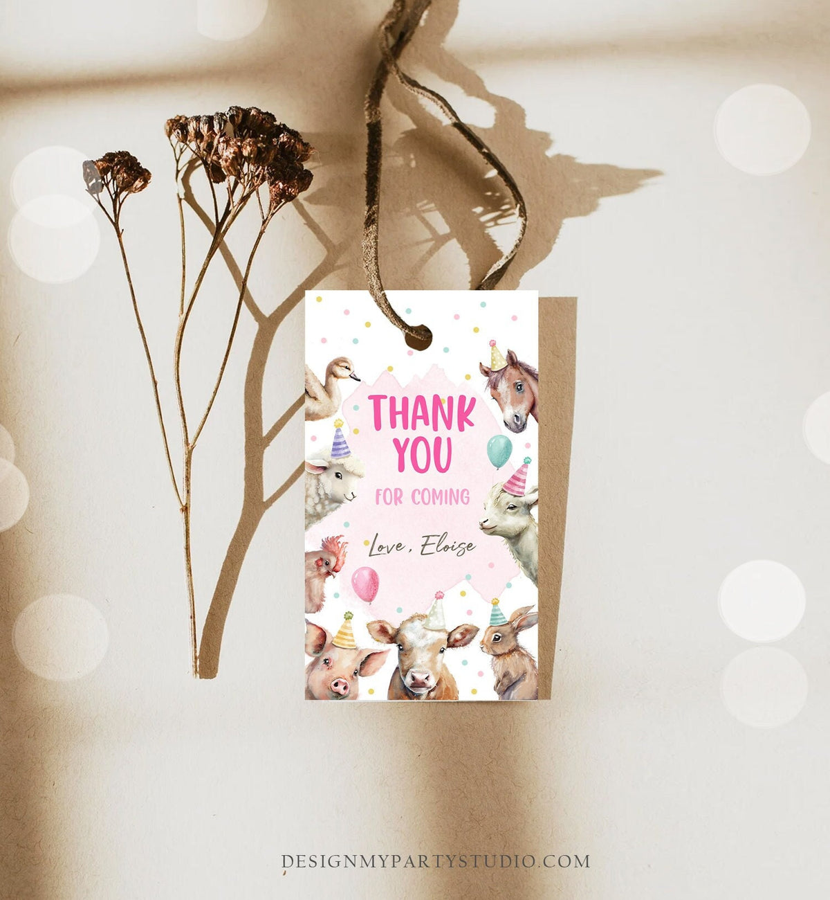 Editable Farm Favor Tags Tags Pink Farm Birthday Thank you tags Barnyard Gift Tags Girl Birthday Party Animals Template PRINTABLE Corjl 0448