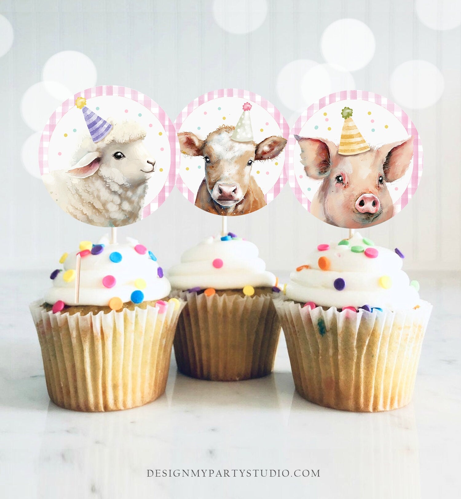 Barnyard Birthday Cupcake Toppers Favor Tags Farm Birthday Party Decoration Girl Farm Animals Pink Stickers download Digital PRINTABLE 0448