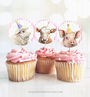 Barnyard Birthday Cupcake Toppers Favor Tags Farm Birthday Party Decoration Girl Farm Animals Pink Stickers download Digital PRINTABLE 0448
