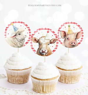Barnyard Birthday Cupcake Toppers Favor Tags Farm Birthday Party Decoration Red Farm Animals Stickers download Digital PRINTABLE 0448