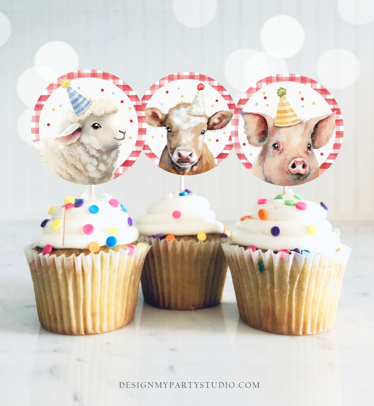 Barnyard Birthday Cupcake Toppers Favor Tags Farm Birthday Party Decoration Red Farm Animals Stickers Digital Download Printable 0448