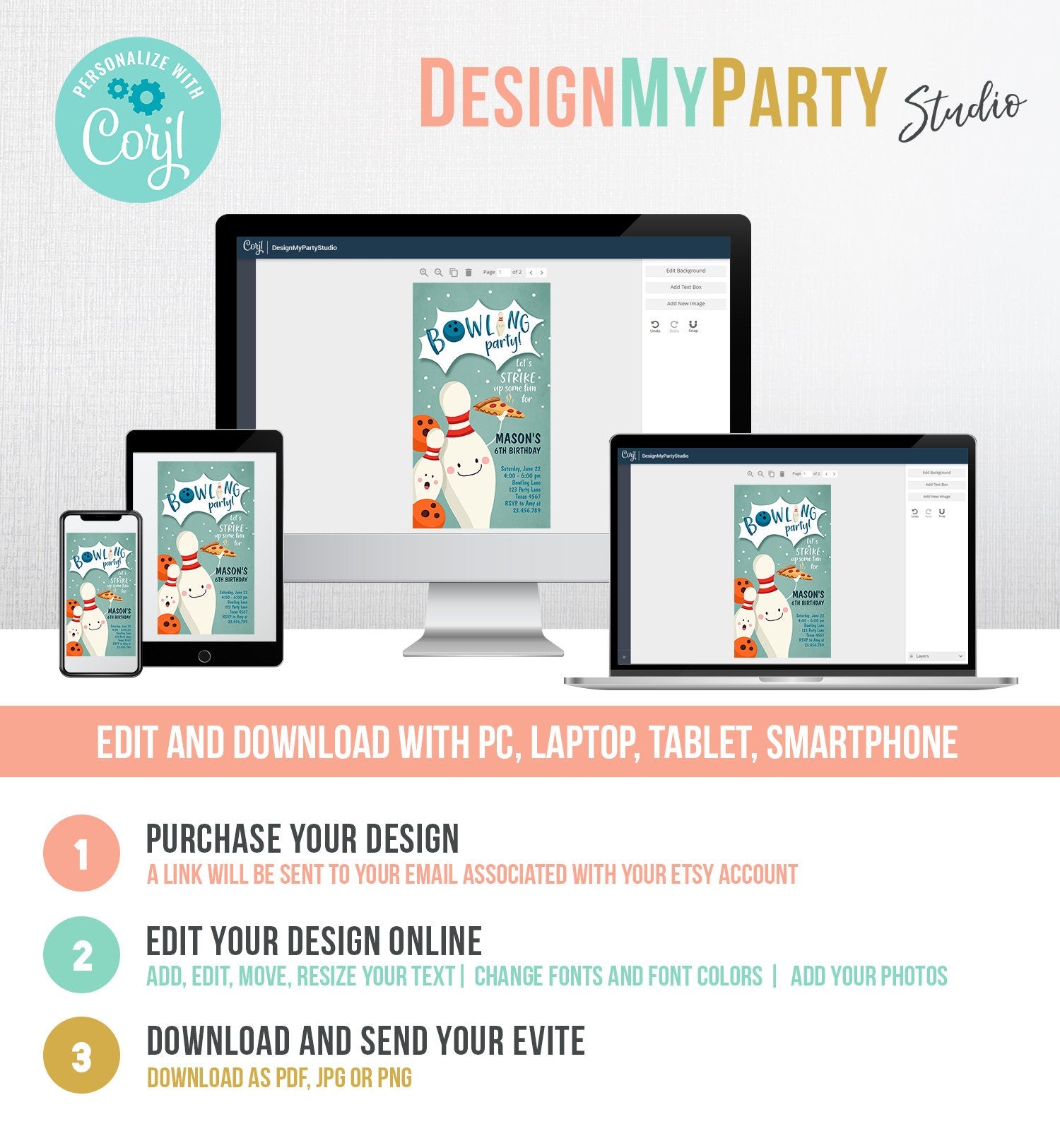 Editable Bowling Birthday Evite Strike Up Some Fun Boy Bowling Party Pizza Blue Download Phone Invitation Digital Template Corjl 0324