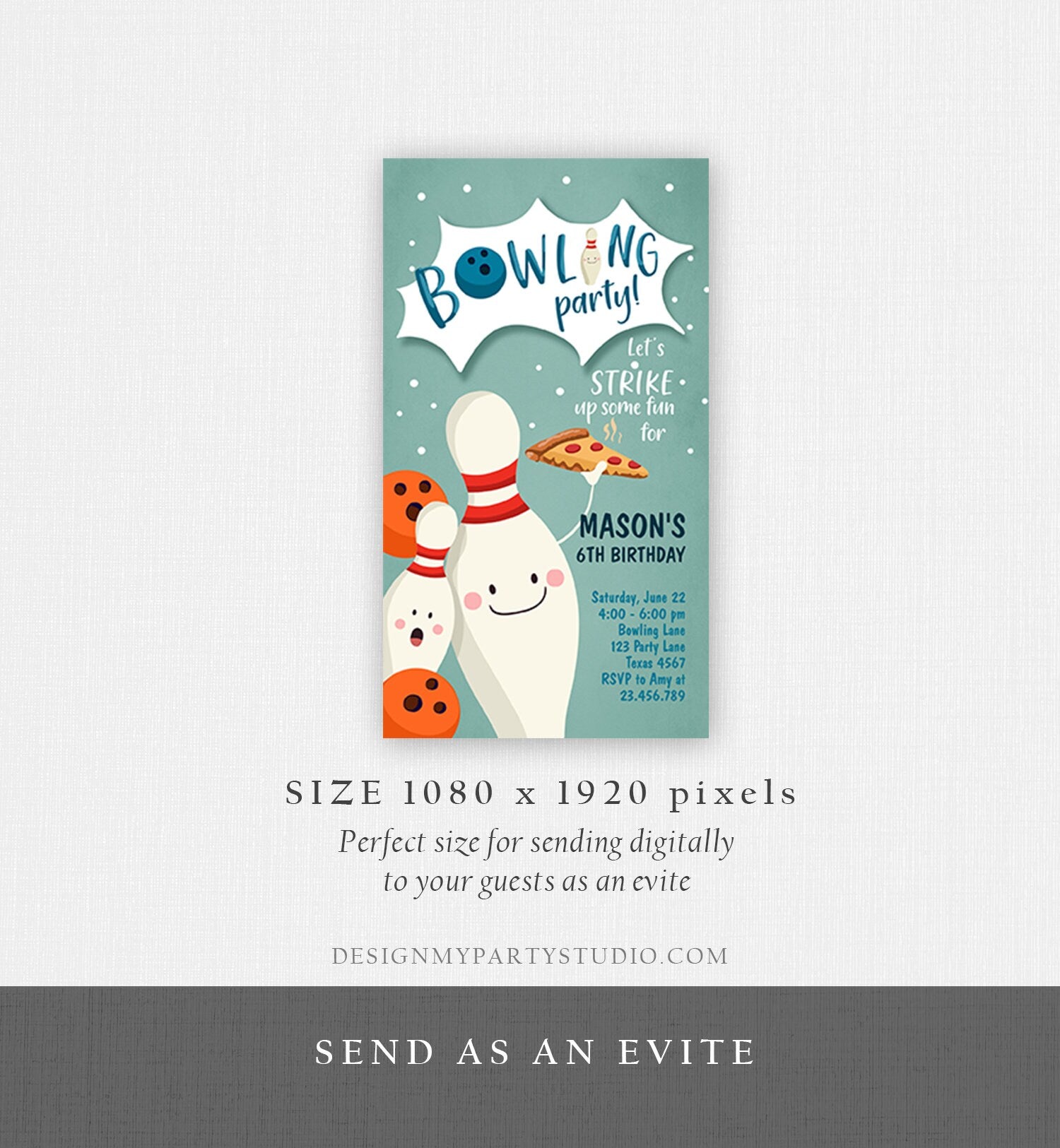 Editable Bowling Birthday Evite Strike Up Some Fun Boy Bowling Party Pizza Blue Download Phone Invitation Digital Template Corjl 0324