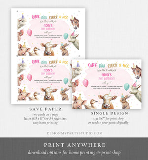 Editable Farm Birthday Invitation Girl Farm Animals Pink Barnyard Party Confetti Download Printable Invitation Template Digital Corjl 0448