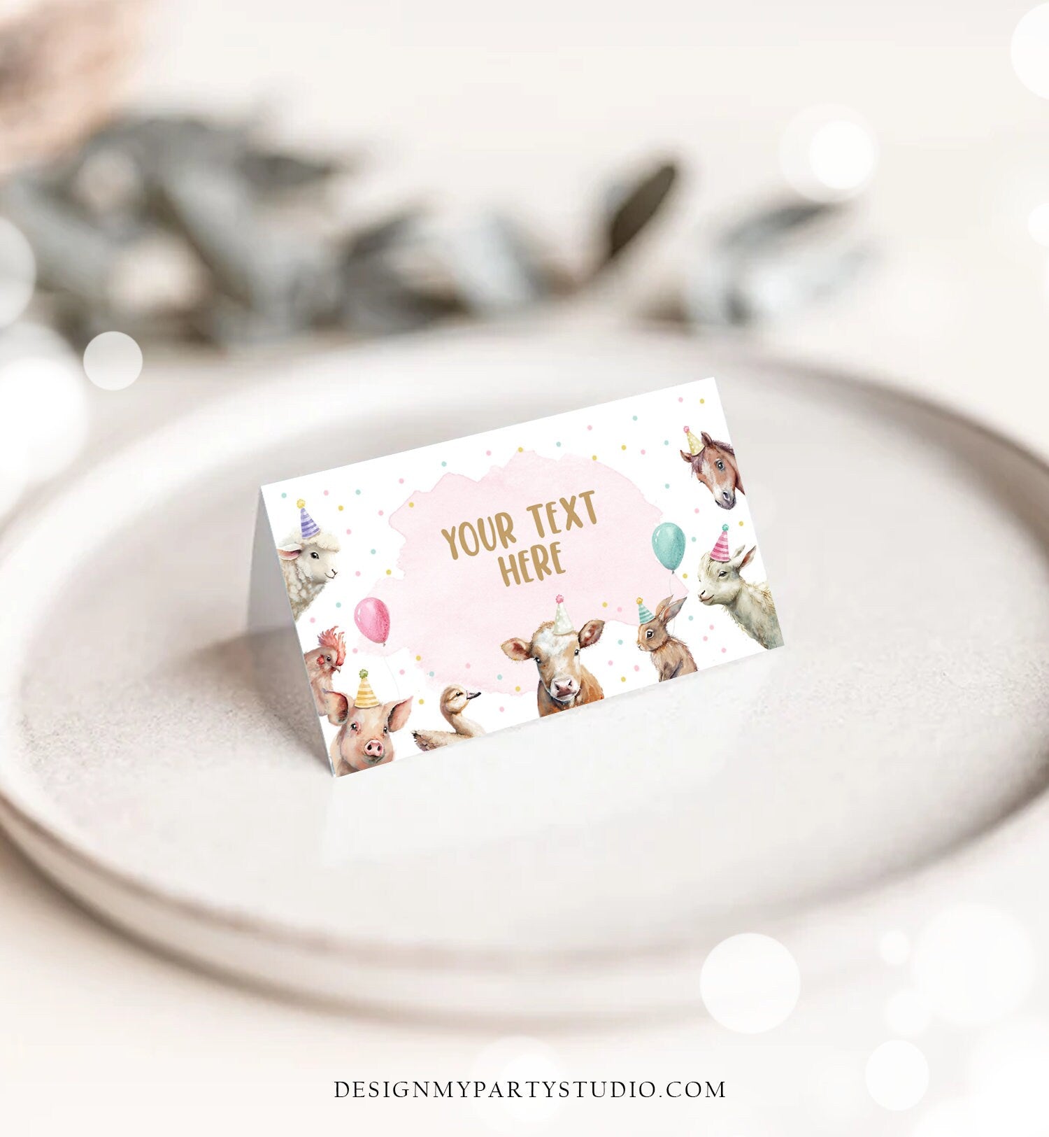 Editable Farm Animals Food Label Barnyard Birthday Name Place Tent Card Girl Pink Farm Cow Buffet Party Animals Template Printable 0448